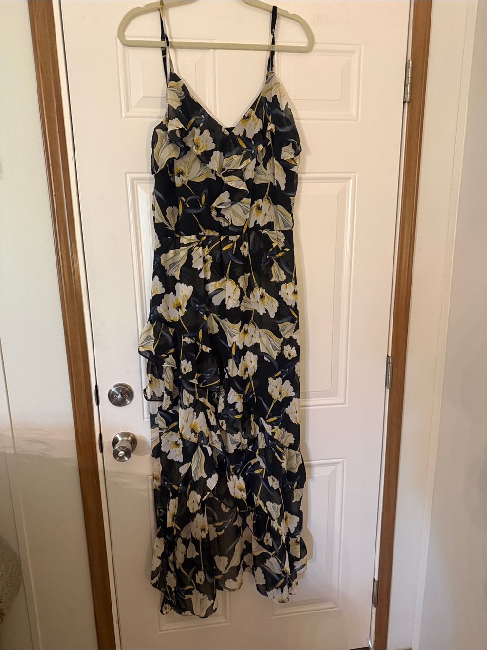 Floral Ruffle Maxi Dress - Black with Cream & Yellow Flowers